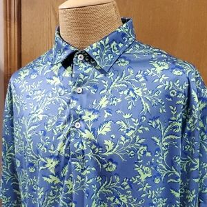 Donald Ross Vibrant Blue and Green Polo with Botanical Motifs